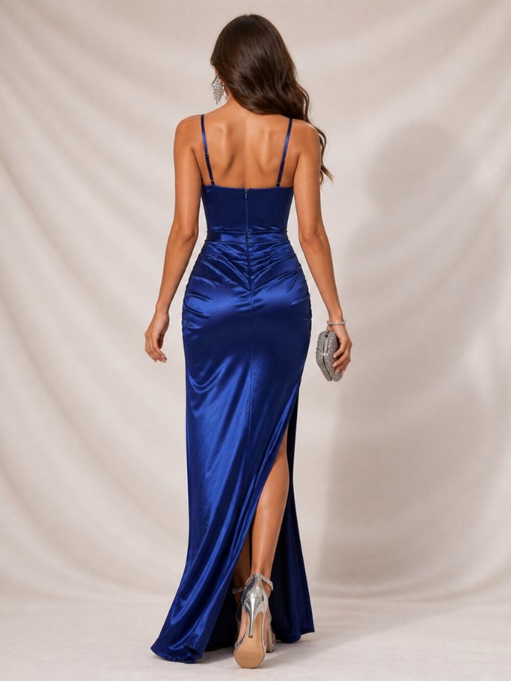 Navy Blue Satin Corset Maxi Dress High Slit Formal Evening Prom Gown - Picture 4 of 7